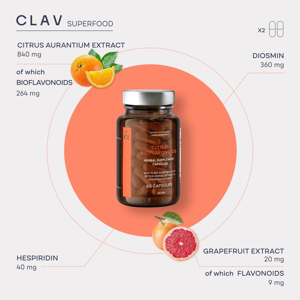 CLAV Citrus Bioflavonoids - Vegan Flavonoids Supplements Made from Bitter Orange and Grapefruit Extract - Antioxidant & Immune Support - 60 Capsules - Made in Germany