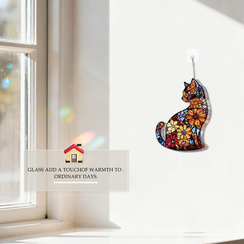Cat Stained Glass Suncatcher Window, Hanging Sun Catchers Indoor Window, Suncatcher for Mom/Women (Black Cat)