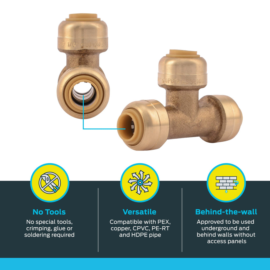 SharkBite 1/4 Inch (3/8 Inch OD) Tee, Pack of 6, Push to Connect Brass Plumbing Fitting, PEX Pipe, Copper, CPVC, PE-RT, HDPE, U358LF