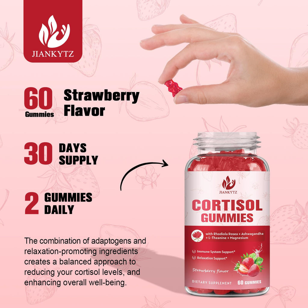 JIANKYTZ Cortisol Gummies for Women with Ashwagandha, Rhodiola Rosea, L-Theanine, Magnesium, Vitamin D3 for Zzz Support, Balanced Cortisol, Vegan, 60 Gummies