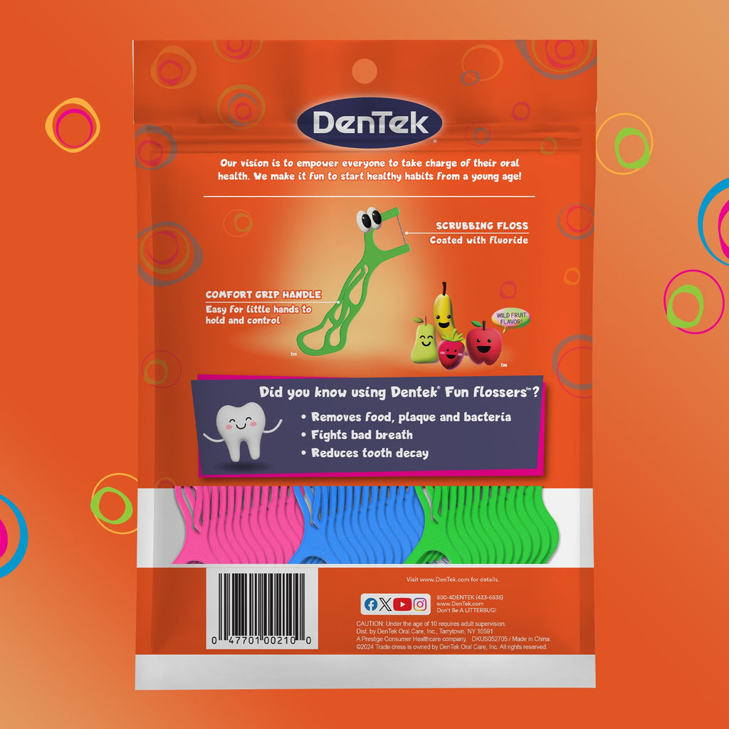 DenTek Fun Flossers – Kids Floss Picks with Wild Fruit Flavor, 75 Count (Pack of 12)