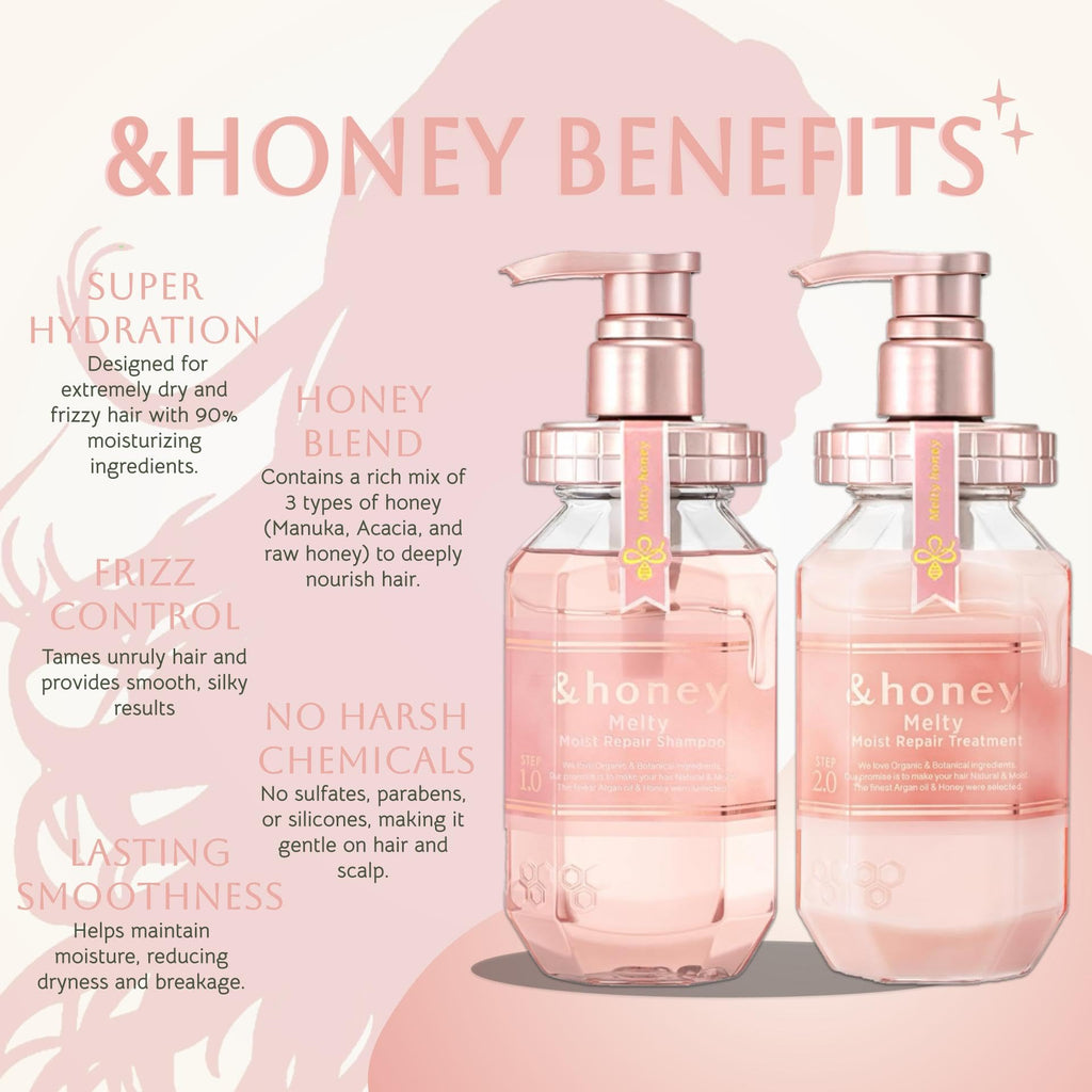 &-honey Melty Moist Repair Japanese Shampoo & Conditioner Set (440 mL) | For Wavy, Curly, Kinky Hair | Deep Hydration, Frizz Control & Damage Repair