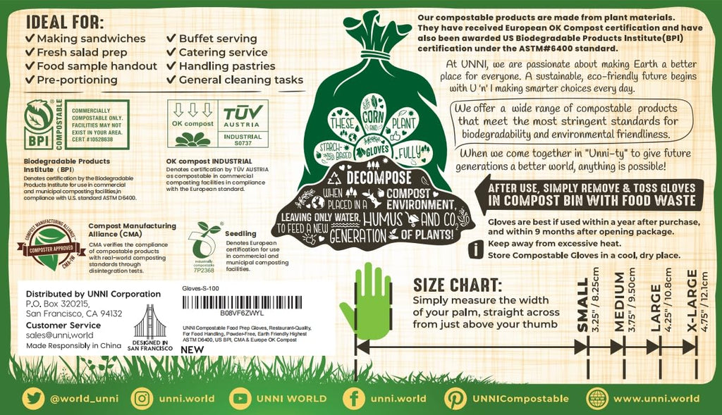 UNNI Compostable Food Prep Gloves, Medium, 500 Count, Powder-Free, For Food Handling & Cleaning, ASTM D6400, BPI Certified