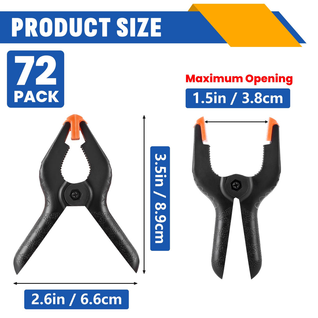 72 Pack 3.5 inch Plastic Spring Clamps, Black Heavy Duty Clips, Backdrop Clips, Plastic Clamps for Crafts, Backdrop Stand, Woodworking, Photography