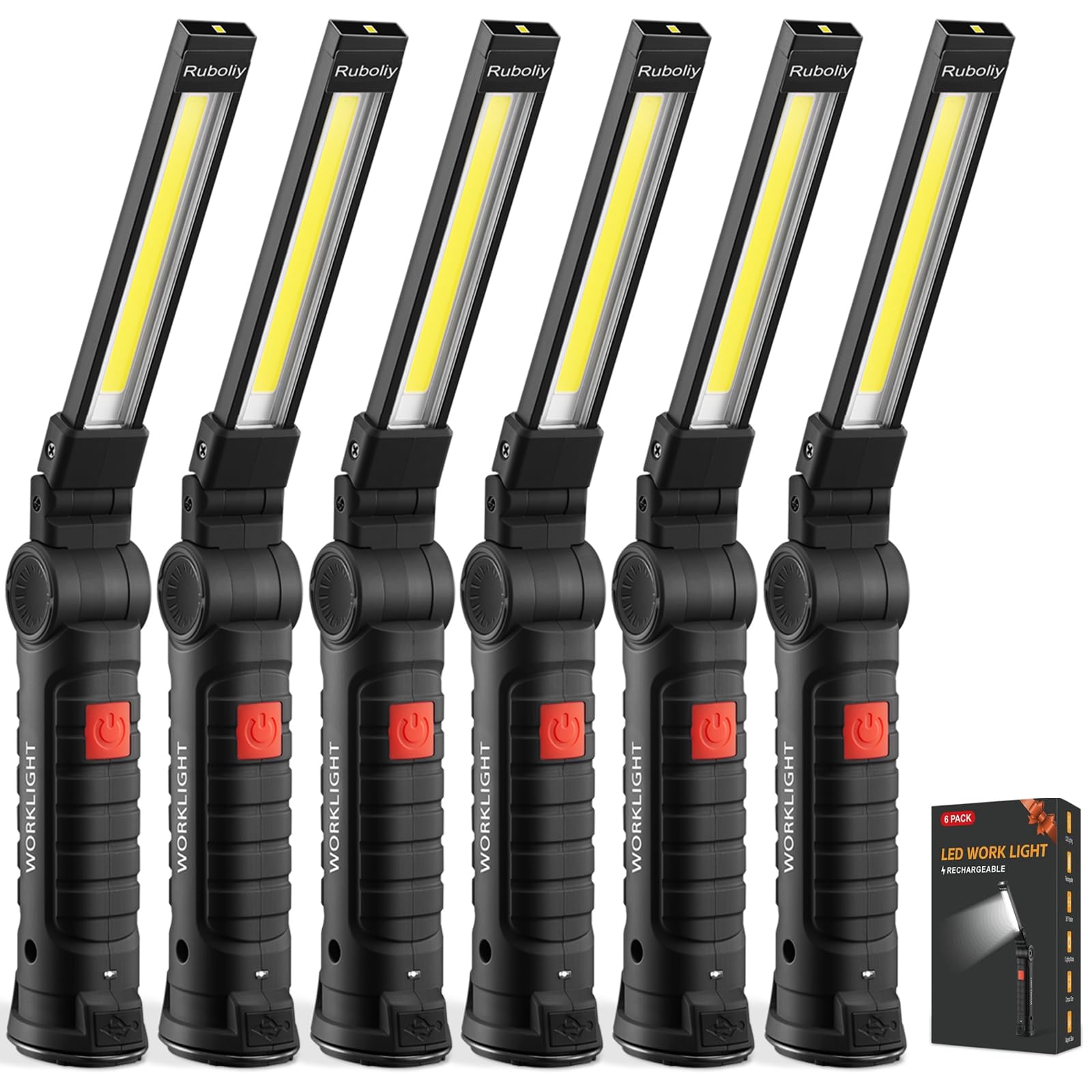 Ruboliy 6Pack Magnetic Rechargeable LED Work Light/Flashlight for Mechanics