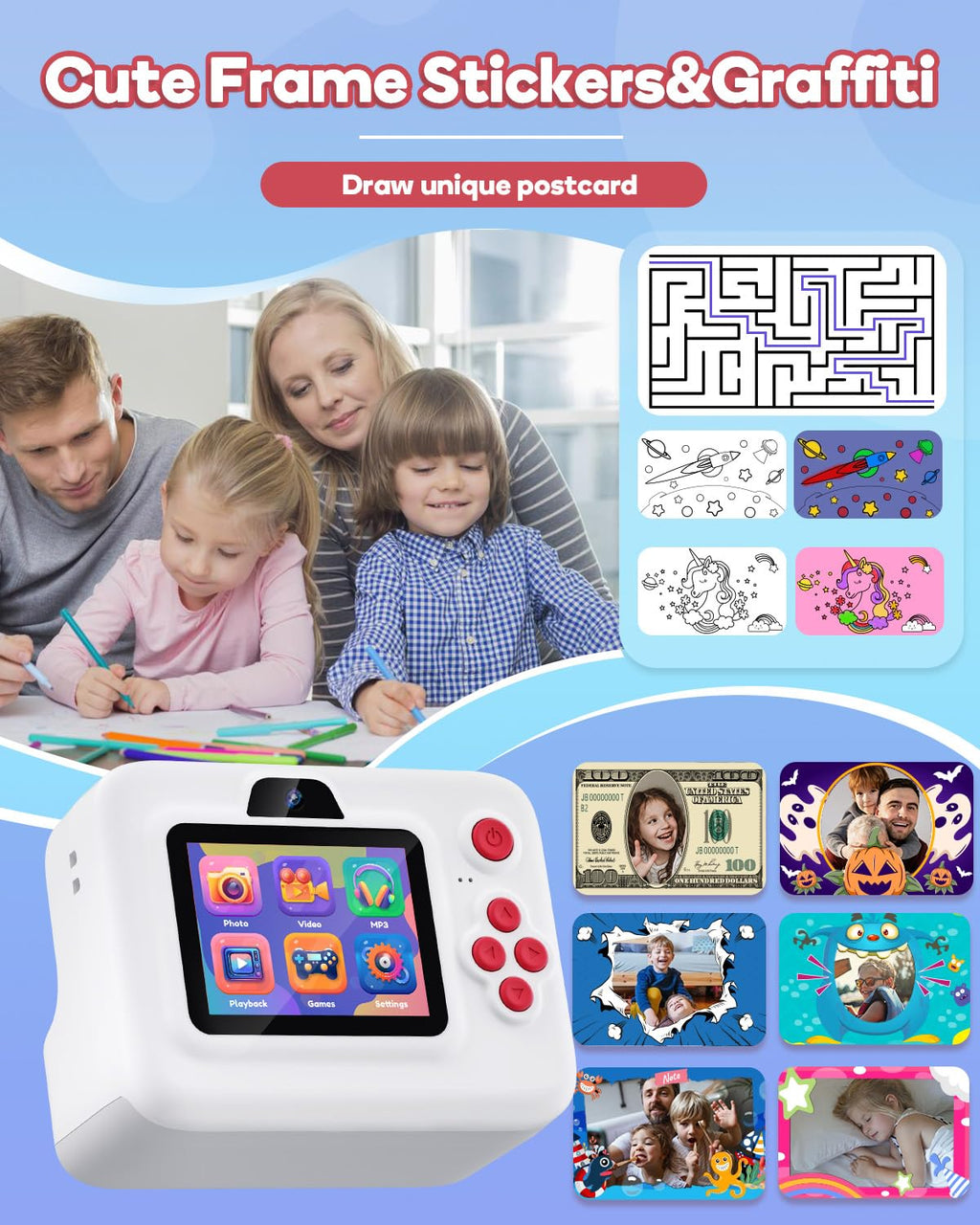 Dylanto Instant Print Camera for Kids,2.4 Inch Screen Kids Instant Cameras, Christmas Birthday Gifts for Girls Age 3-12, Portable Toddler Toy for 3 4 5 6 7 8 9 10 Year Old Girls Boys White