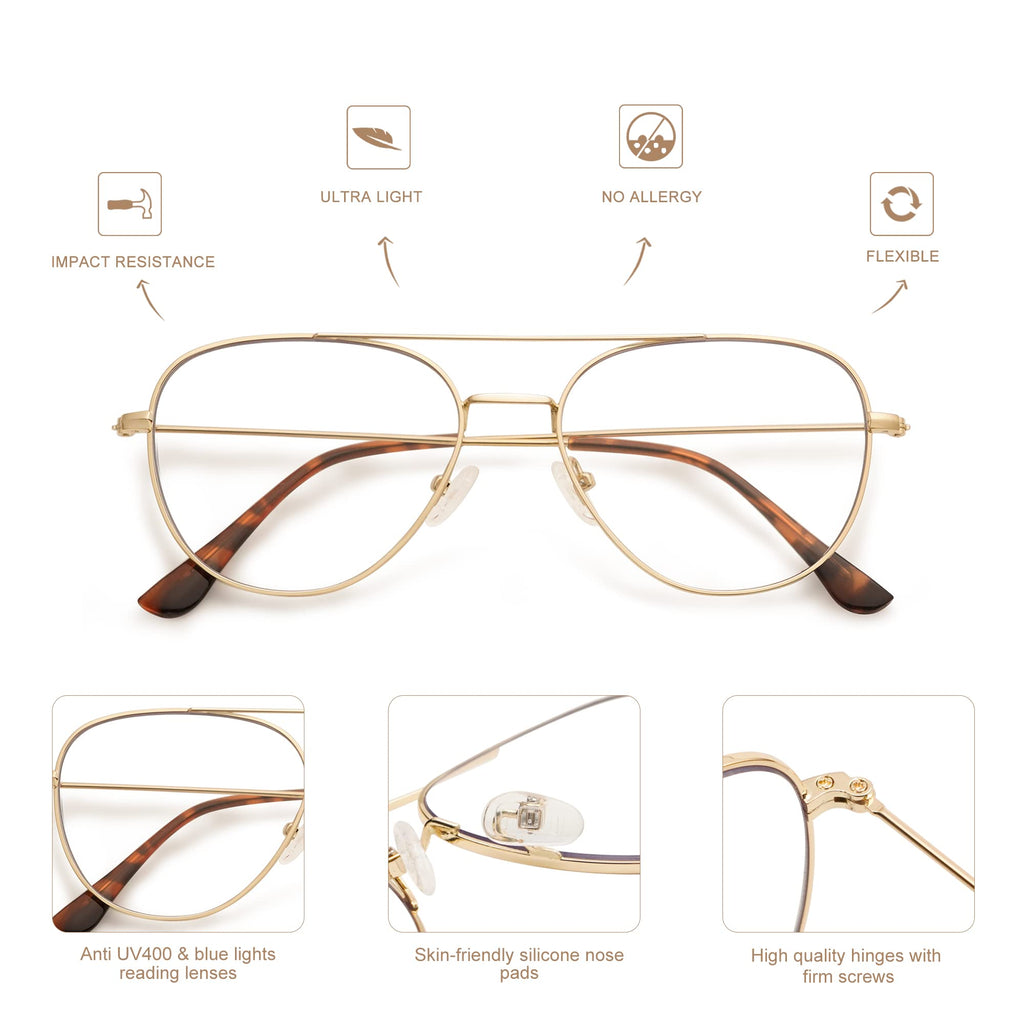 3-Pack Retro Aviator Reading Glasses for Men Women Trendy Square Blue Light Blocking Computer Readers Metal AM6092 Mix (+2.00 Magnification Strength)