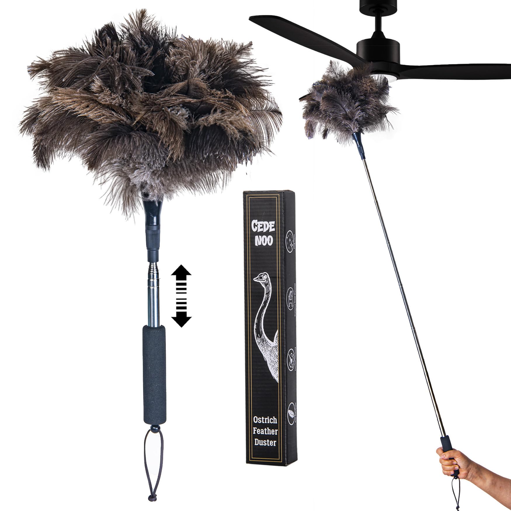 Ostrich Feather Duster for Electronics, Keyboard – Soft Dusting Tool for Screen, Fragile Items, Office, Home Cleaning (A12- Black Handle)