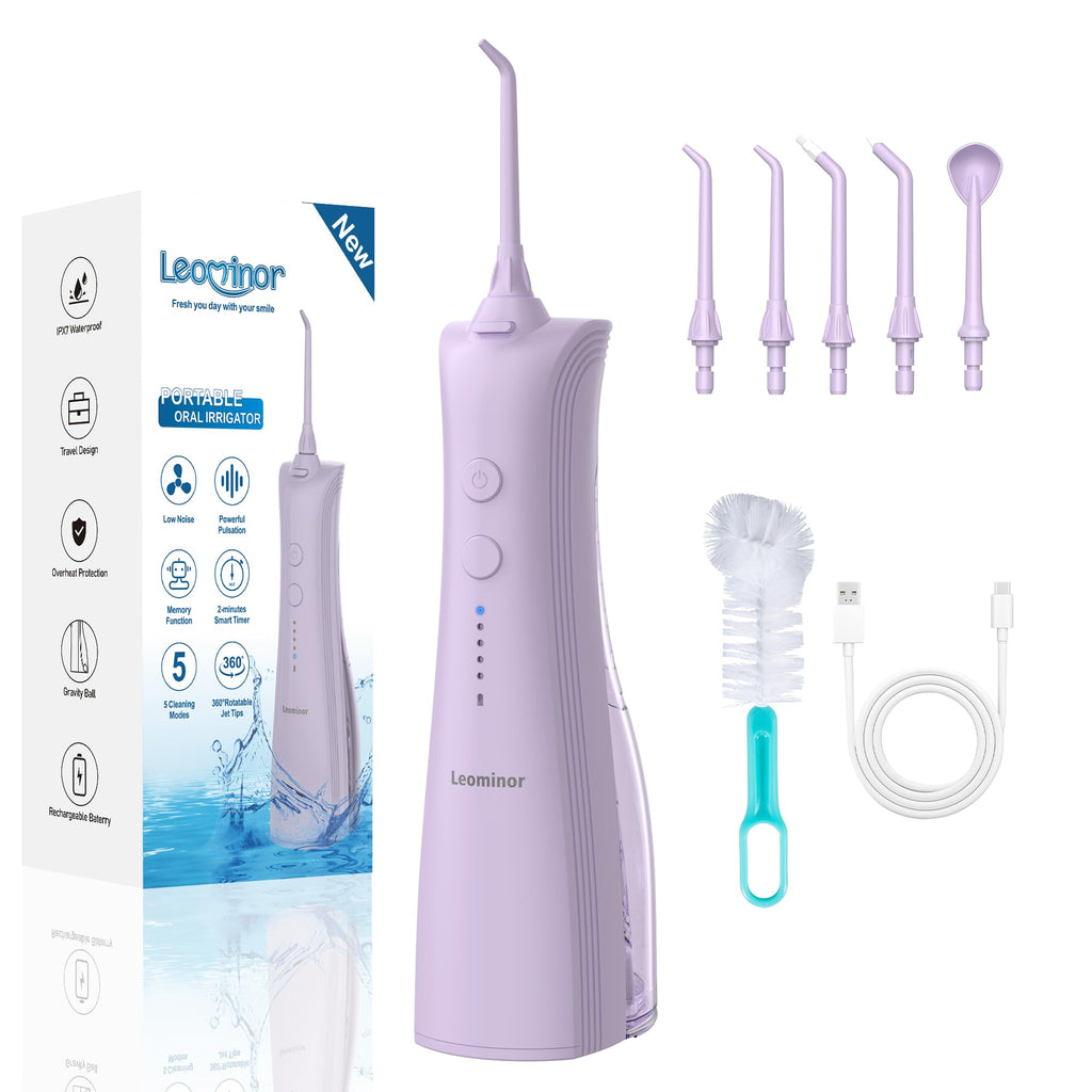 Leominor Water Dental Flosser - 5 Modes Cordless Oral Irrigator, IPX7 Waterproof, Rechargeable Teeth Cleaner Upgrade Datchable Tank Professional Flossing Cleaning Pick for Home Travel (Purple)
