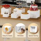 VANITURE 6 PCS Buffet Risers, Large Food Risers for Buffet Table, Display Stand Shelf for Party, Catering, Jewelry & Collectibles, White Acrylic Nesting Boxes for Food Display (10" 9" 8" 7" 6" 5")