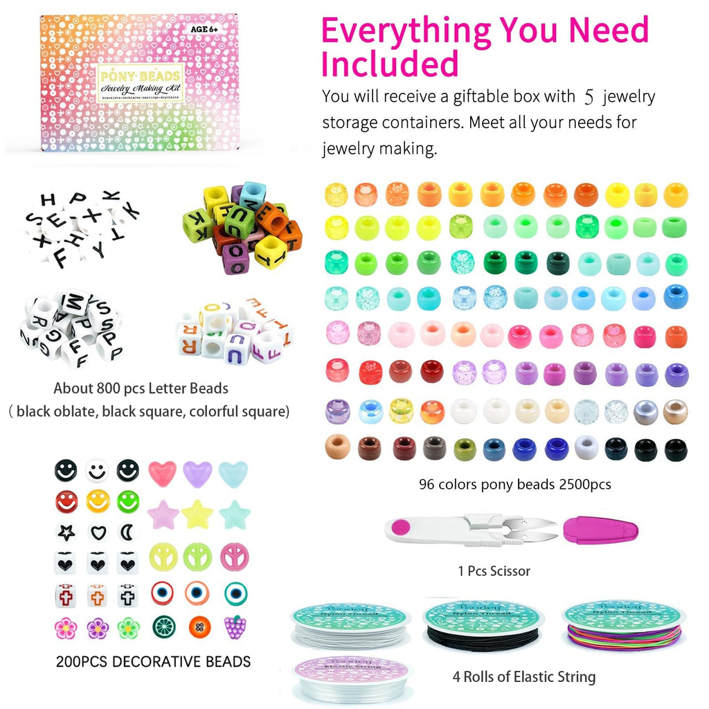 5 Boxes Bracelet Making Kit Pony Beads, 96 Colors Kandi Beads for Bracelets
