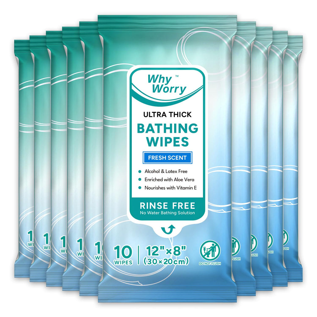 WhyWorry Ultra Thick Bathing Wipes for Adults Rinse Free, Large Body Wipes for Women, Men, Elderly Care & Cleaning, 8" x 12" Disposable Shower Washcloths for Gym & Camping, Fresh Scent, 100 Count