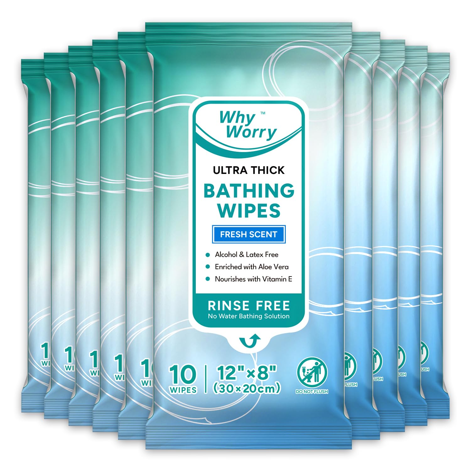 WhyWorry Ultra Thick Bathing Wipes for Adults Rinse Free, Large Body Wipes for Women, Men, Elderly Care & Cleaning, 8" x 12" Disposable Shower Washcloths for Gym & Camping, Fresh Scent, 100 Count