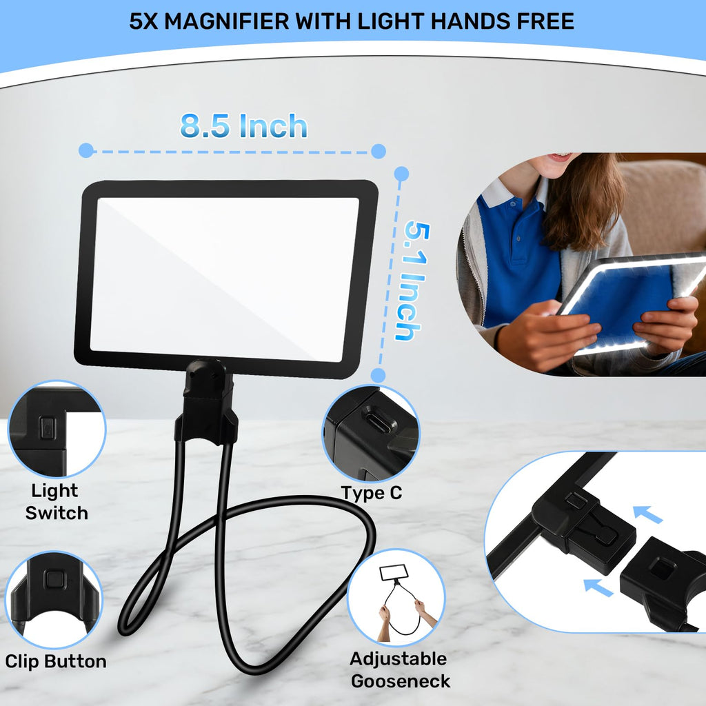 5X Neck Magnifying Glass with Light, Magnifier with Light Hands Free, Full Book Page Magnifier with 3 Light Modes, Flexible Gooseneck for Seniors Reading Low Vision