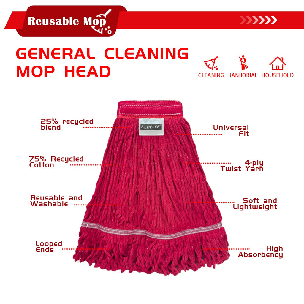 KLHB-YF Heavy Duty Commercial String Mop Heads, 3 Pack Cotton Red Mop Head Replacement, Machine Washable Industrial Mop Head Refills for Janitorial, Restaurant, Warehouse & Office Floor Cleaning