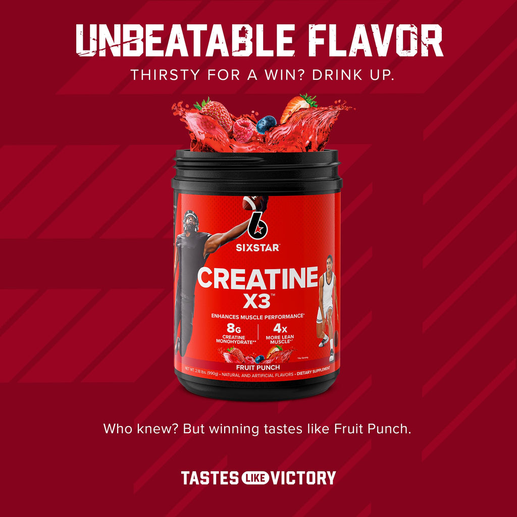 Six Star Creatine Monohydrate Powder, X3 (Fruit Punch) - Flavored Creatine HCl Powder Monohydrate Supplement for Muscle Building & Performance - Post Workout Supplement for Men & Women - 30 Servings