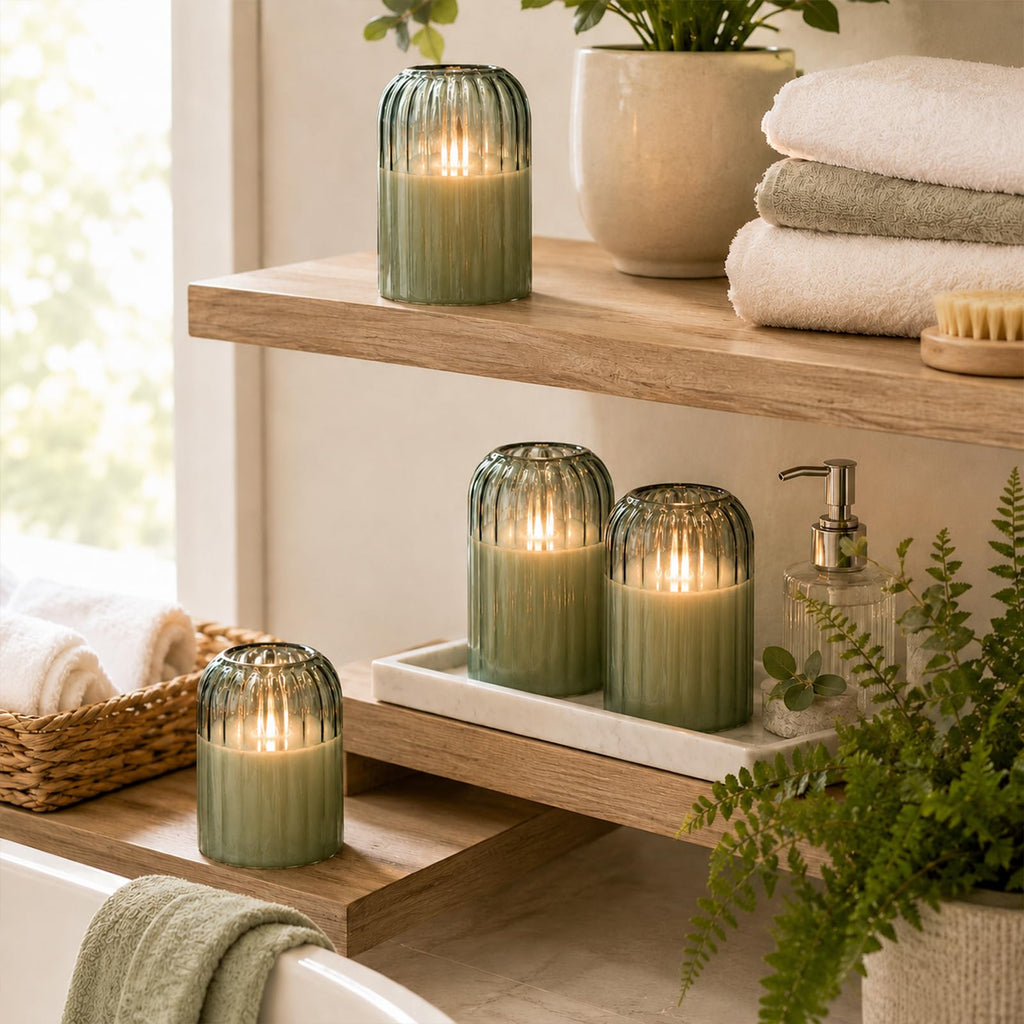 Lezonic Green Glass Flameless Candles with Remote, Set of 4 Dancing Flame LED Pillar Candles, Real Wax Battery Operated Candles with 2/4/6/8H Timer, Fall Halloween Thanksgiving Christmas Decor