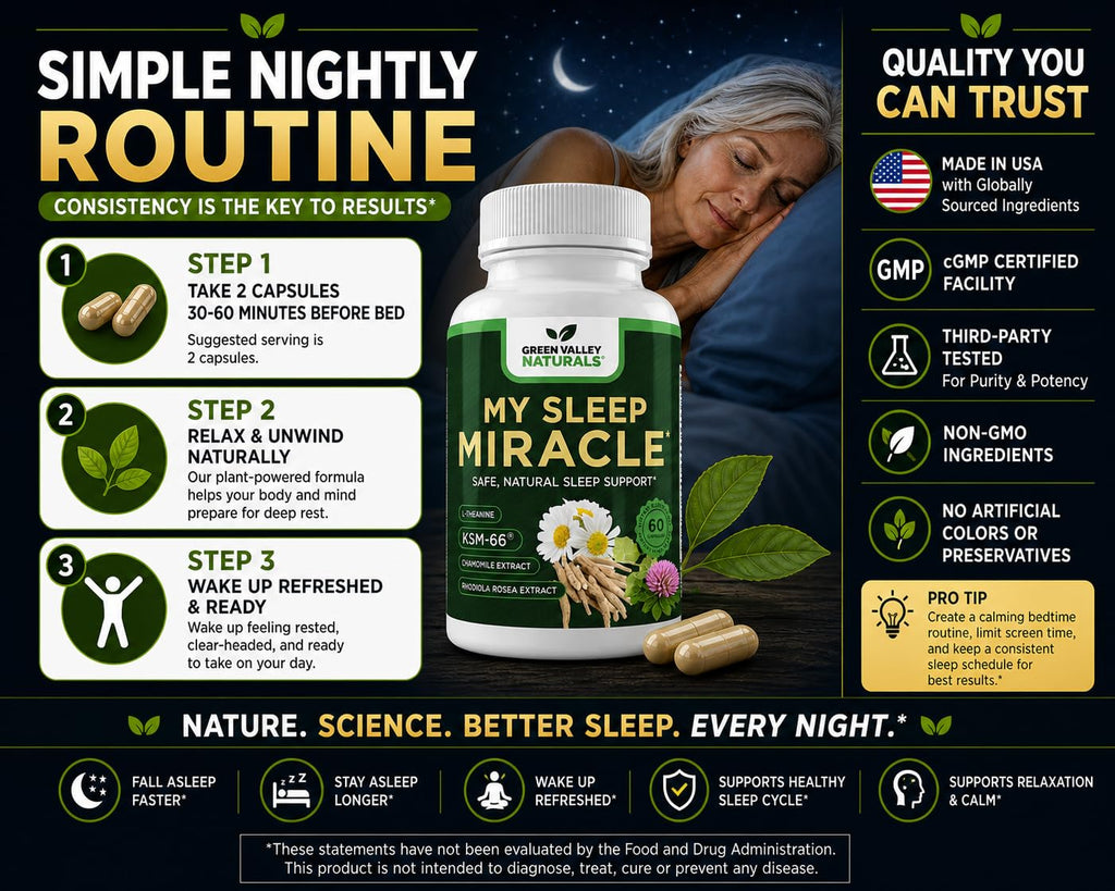 GREEN VALLEY NATURALS My Sleep Miracle Vegan Sleep Support Supplement | Melatonin-Free Formula | Ashwagandha, Chamomile & L-Theanine | Promotes Calm, Relaxation & Restful Sleep | 60 Capsules