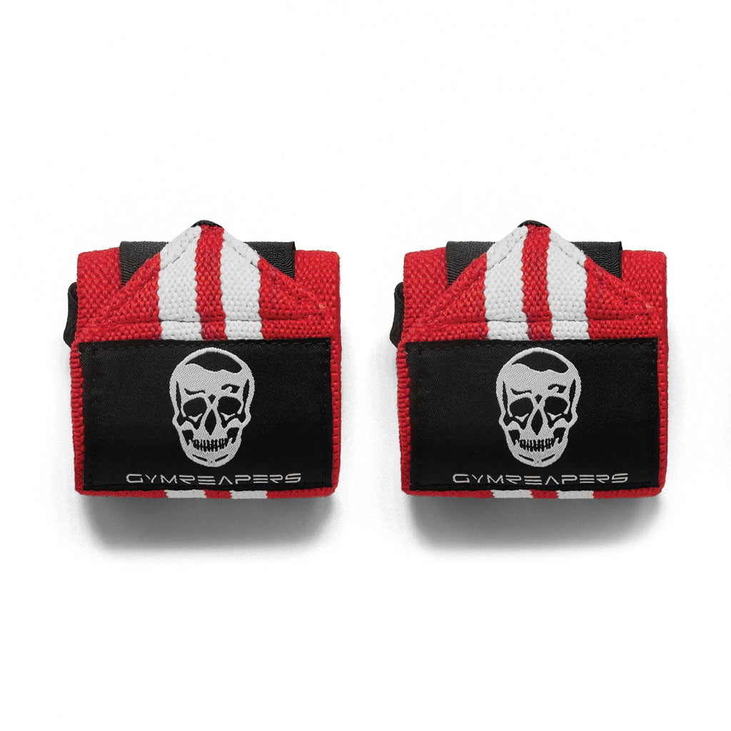 Gymreapers Weightlifting Wrist Wraps (Competition Grade) 18" Professional Quality Wrist Support with Heavy Duty Thumb Loop - Best Wrap for Powerlifting, Strength Training, Bodybuilding(Red/White,18")