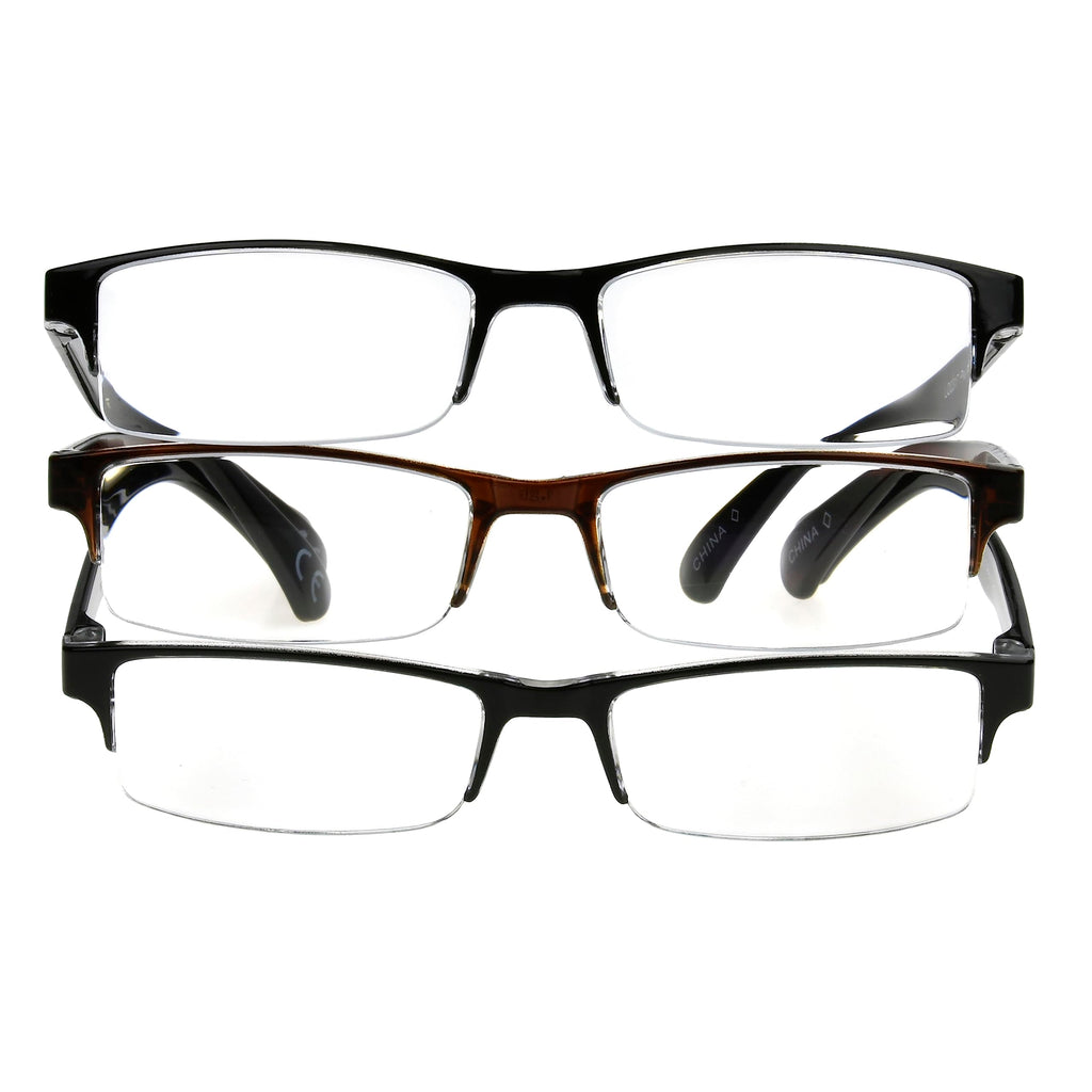 Foster Grant Men's Pete Rectangular Reading Glasses, Black and Brown, 3 Pack, 2x