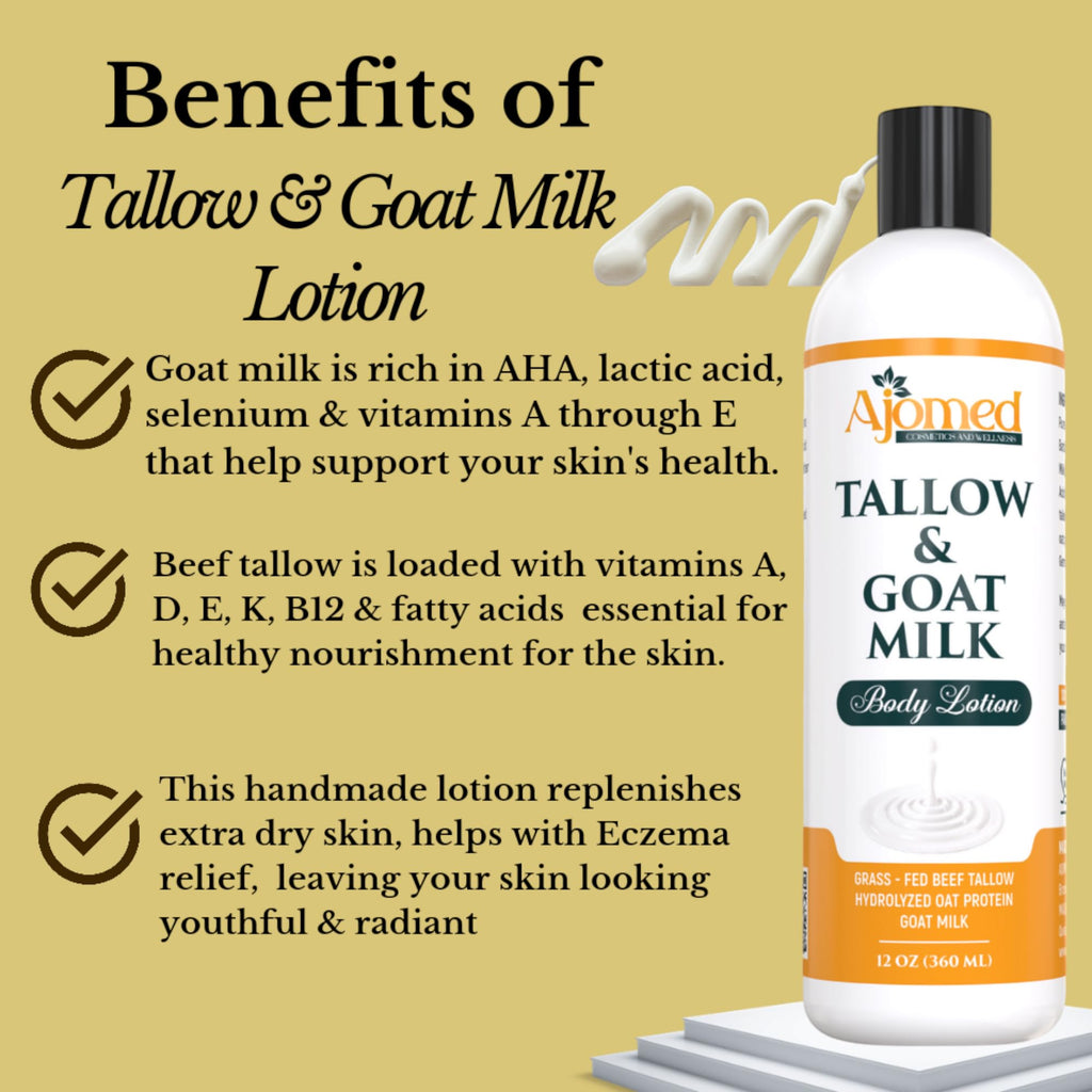 Tallow & Goat Milk Body Lotion for Sensitive Skin, Organic moisturizing Lotion - Soothes Dry skin, Goat Milk face and body Moisturizer - Handmade Tallow for skin cream (12 OZ, Oatmeal & Honey)