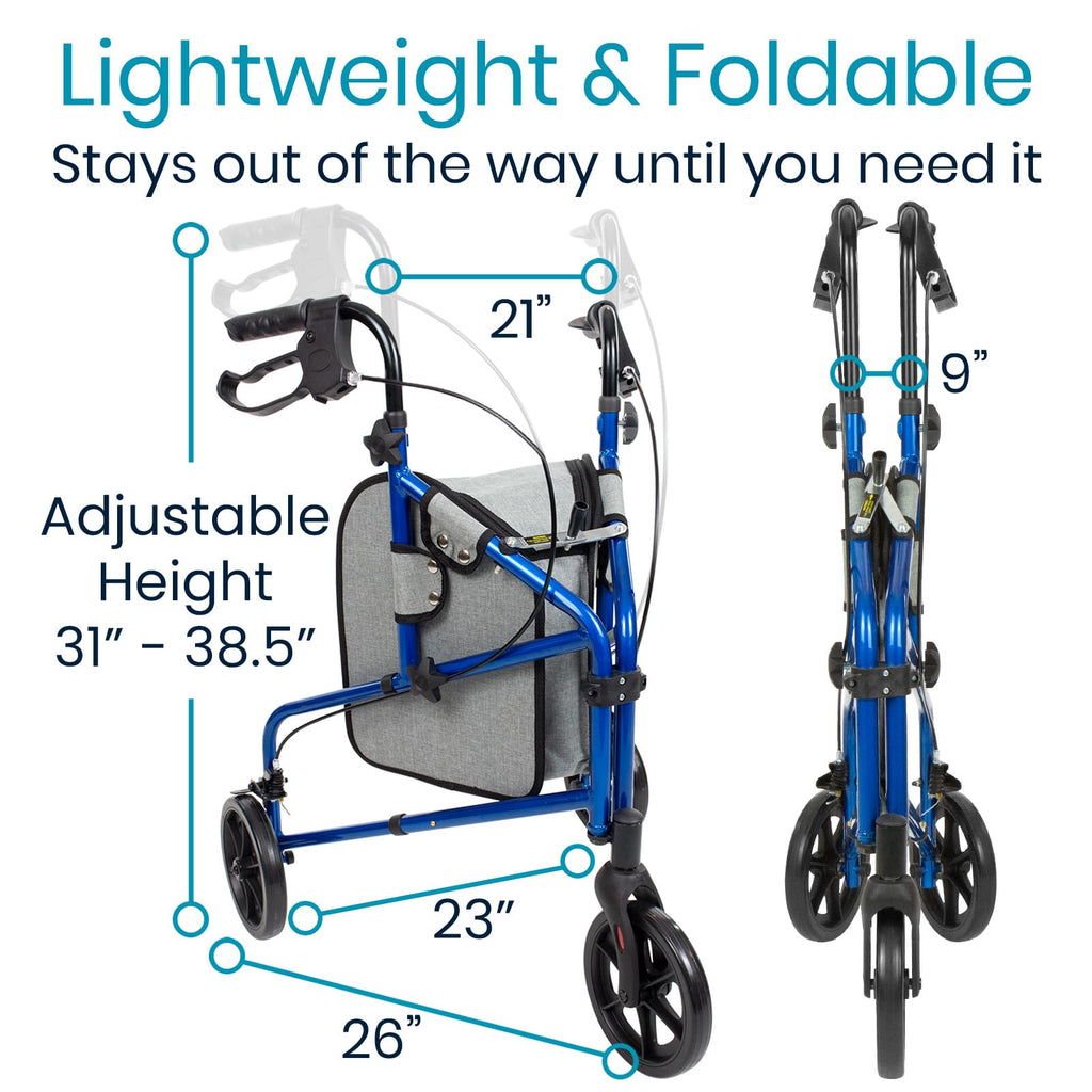Vive Mobility 3 Wheel Walker - Three Wheeled Rollator for Seniors - Lightweight, Foldable, Narrow, Heavy Duty - for Elderly Men Women - Folding 3-Wheel Tri Scooter with Basket Bag