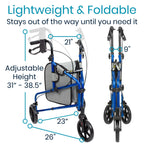Vive Mobility 3 Wheel Walker - Three Wheeled Rollator for Seniors - Lightweight, Foldable, Narrow, Heavy Duty - for Elderly Men Women - Folding 3-Wheel Tri Scooter with Basket Bag