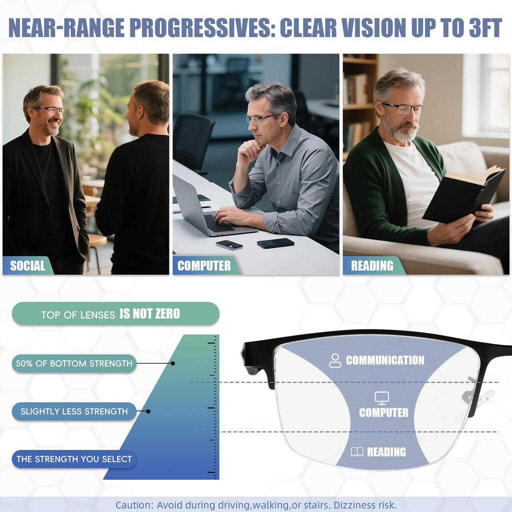 ZERPEET 2 Pack Men's Progressive Multifocal Reading Glasses,Half Rim Metal Frame TR90 Temples Blue Light Blocking Anti Eyestrain Multifocus Computer Readers,2.5x