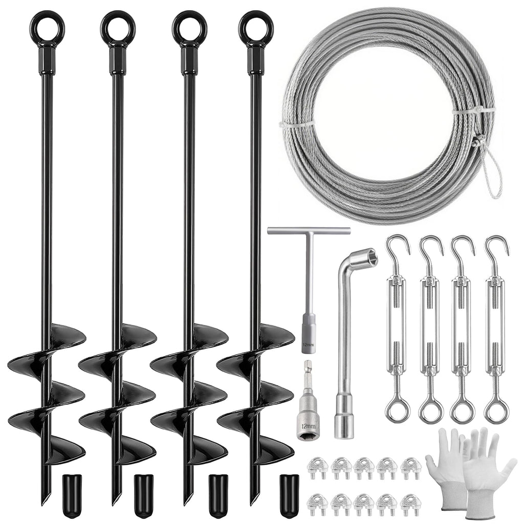 Fabulas 4 Pack 18" Ground Anchors Shed Anchor Kit with 50ft Galvanized Cable & 4 Pack Turnbuckles, Heavy Duty Ground Anchor Screw in Spiral Auger Earth Stakes for Shed Trampoline Swing Set Mobile Home