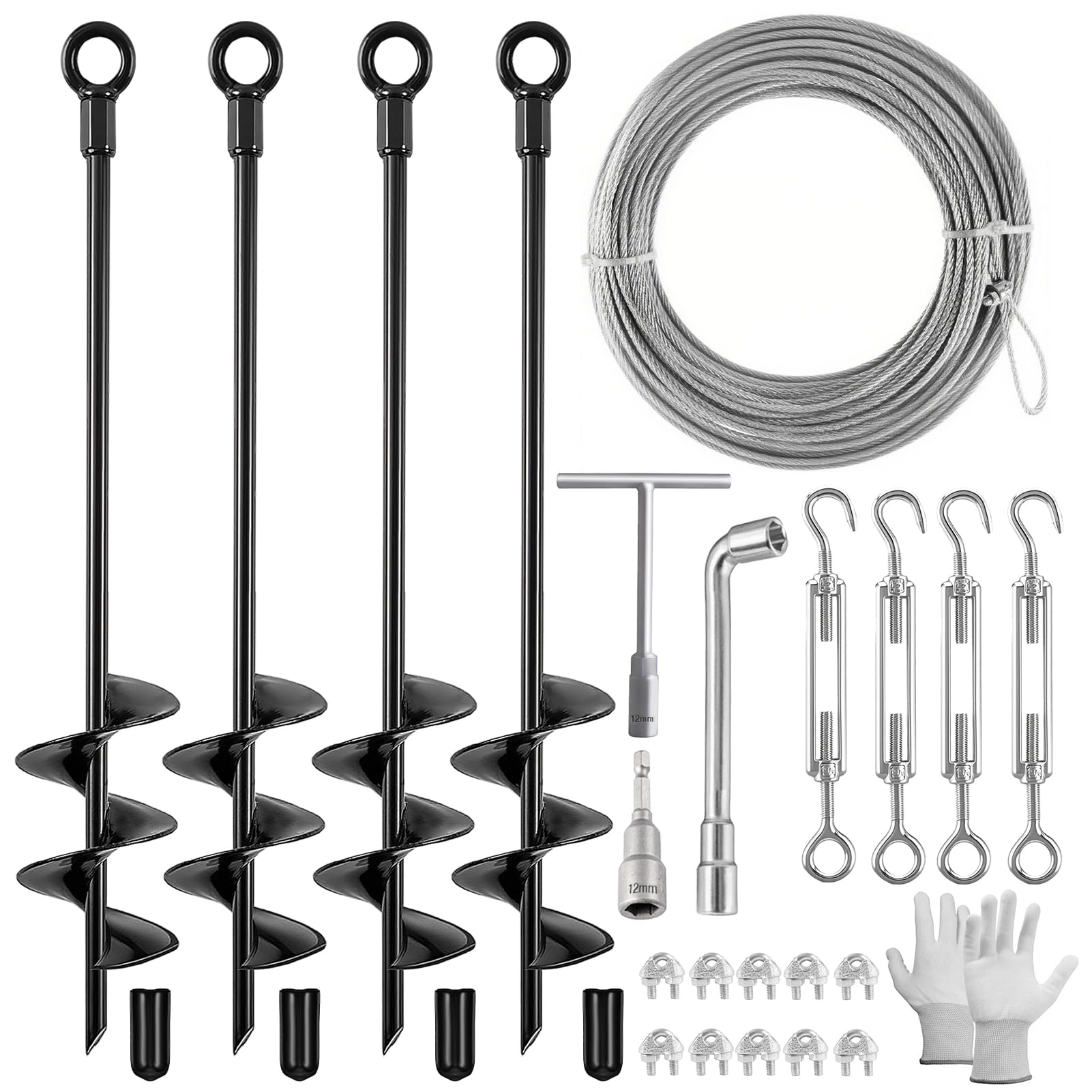 Fabulas 4 Pack 18" Ground Anchors Shed Anchor Kit with 50ft Galvanized Cable & 4 Pack Turnbuckles, Heavy Duty Ground Anchor Screw in Spiral Auger Earth Stakes for Shed Trampoline Swing Set Mobile Home