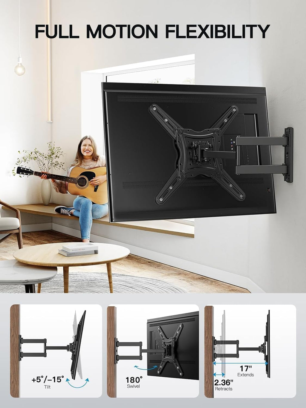 Pipishell Full Motion TV Wall Mount for 26–65 inch TVs up to 80 lbs