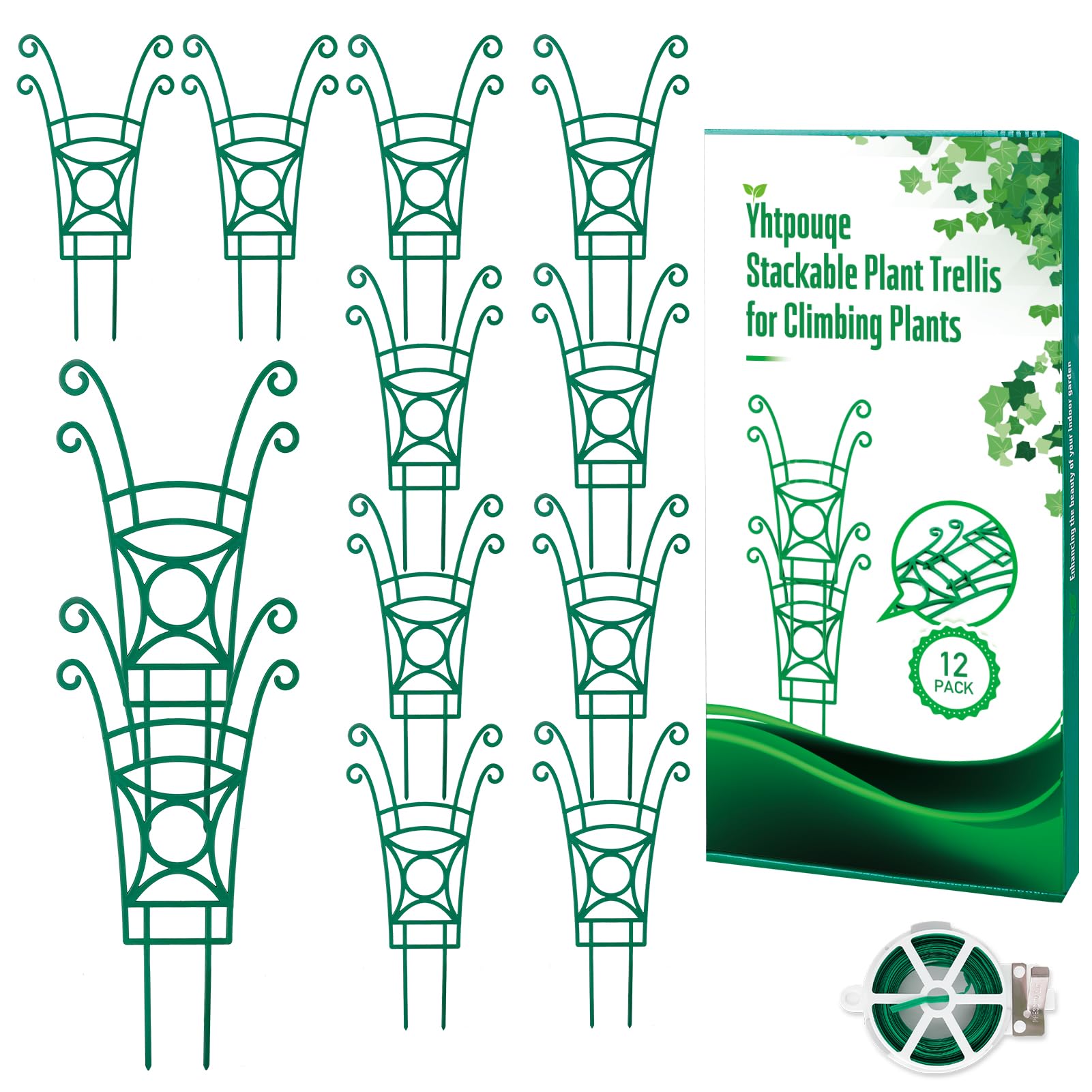 12 Pack Stackable Plant Trellis for Potted Plants, Garden Trellis Supports Peas, Ivy & Flowering Vines, Plastic Climbing Plant Support (Green)