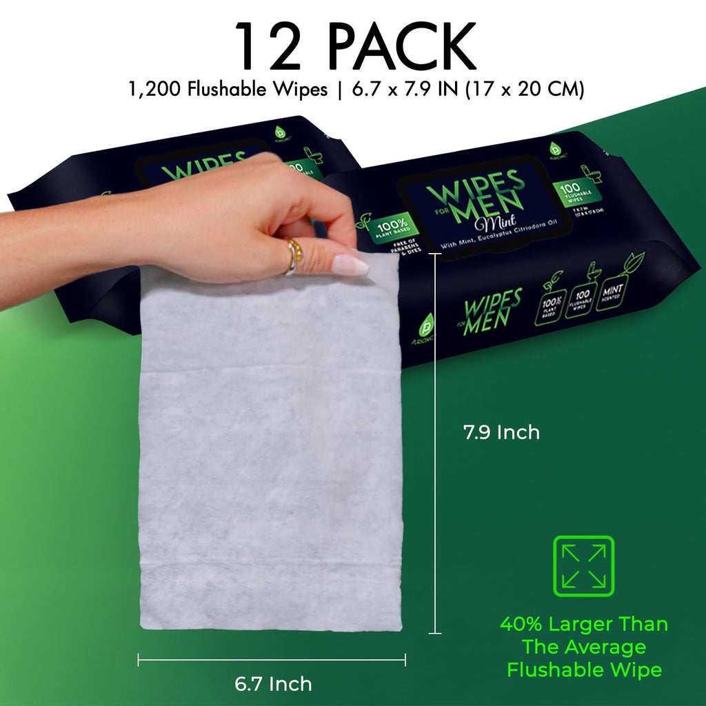 Pursonic Soft Mint Scented Flushable Wipes for Men - 12 Pack (1200) Plant Based Face and Body Wipes with Aloe Vera & Vitamin E - Extra Large Wipes for Gentle & Thorough Cleansing