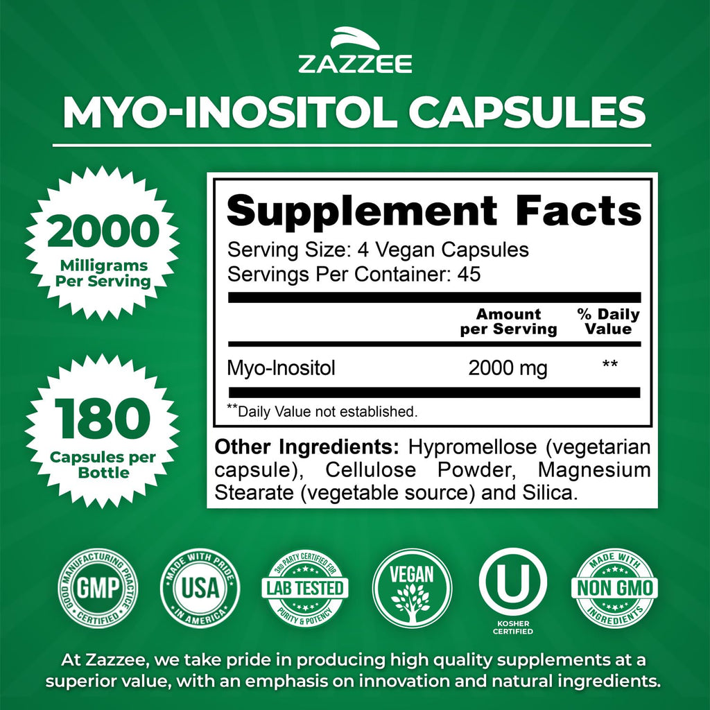 Zazzee Myo-Inositol Capsules, 2000 mg per Serving, 180 Vegan Capsules, Ideal Dosage for 40:1 Ratio, Certified Kosher, Hormone Balance & Healthy Ovarian Function Support, Non-GMO, Made in the USA