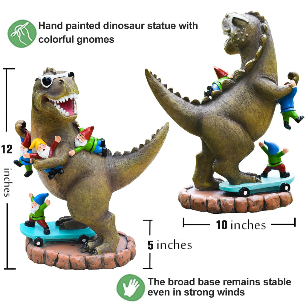 ACHYHAVIN Garden Statue Outdoor Decoration, Cool Dinosaur Play Skateboard with Gnomes Figurines, Indoor Outdoor Decor Art for Patio Lawn Yard, Housewarming Garden Gift…