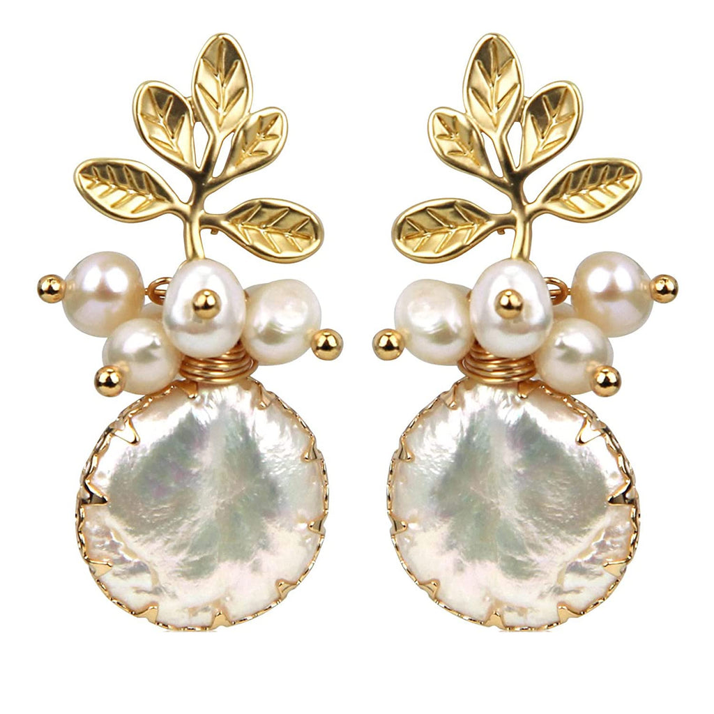 Pearl Earrings with 18k Gold Life Tree, 925 Sterling Needle & Baroque Pearl Drop Earrings for Women