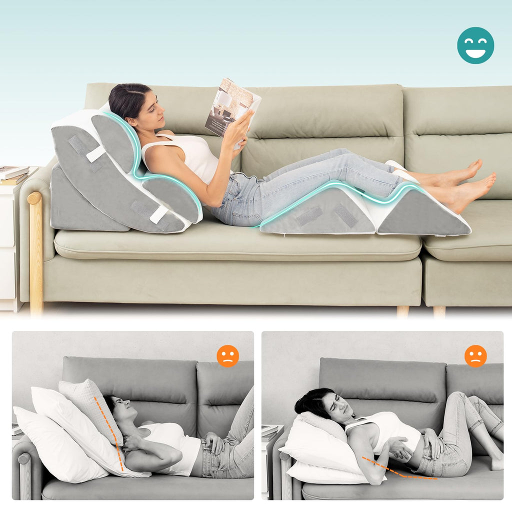 Hansleep Bed Wedge Pillow Set for After Surgery 6PCS, Post Surgery Pillow for Sleep Apnea and Acid Reflux Relief, Adjustable Reading Pillows Back Support with Memory Foam, White, 23"