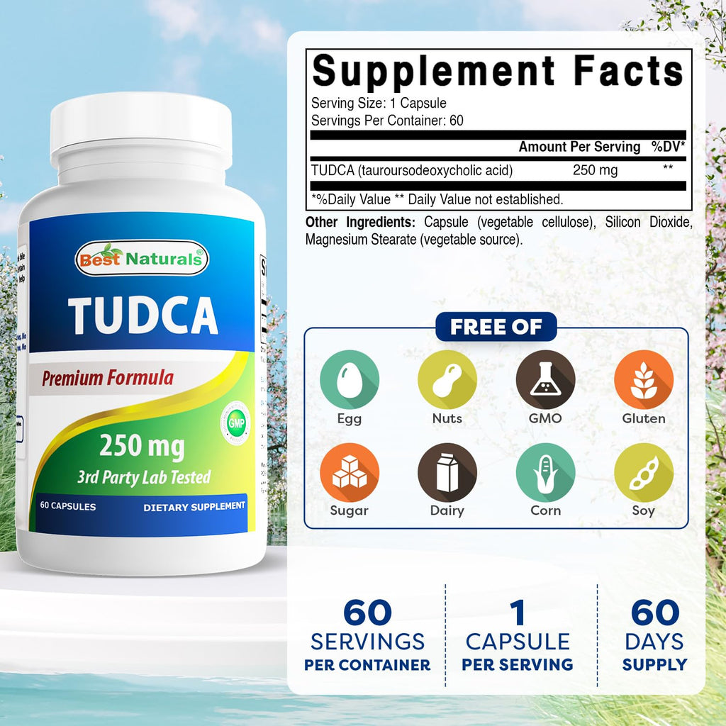 Best Naturals TUDCA 250mg (Tauroursodeoxycholic Acid) - 60 Veg Capsules - 2 Months Supply (60 Count (Pack of 1)) (60 Count (Pack of 1))