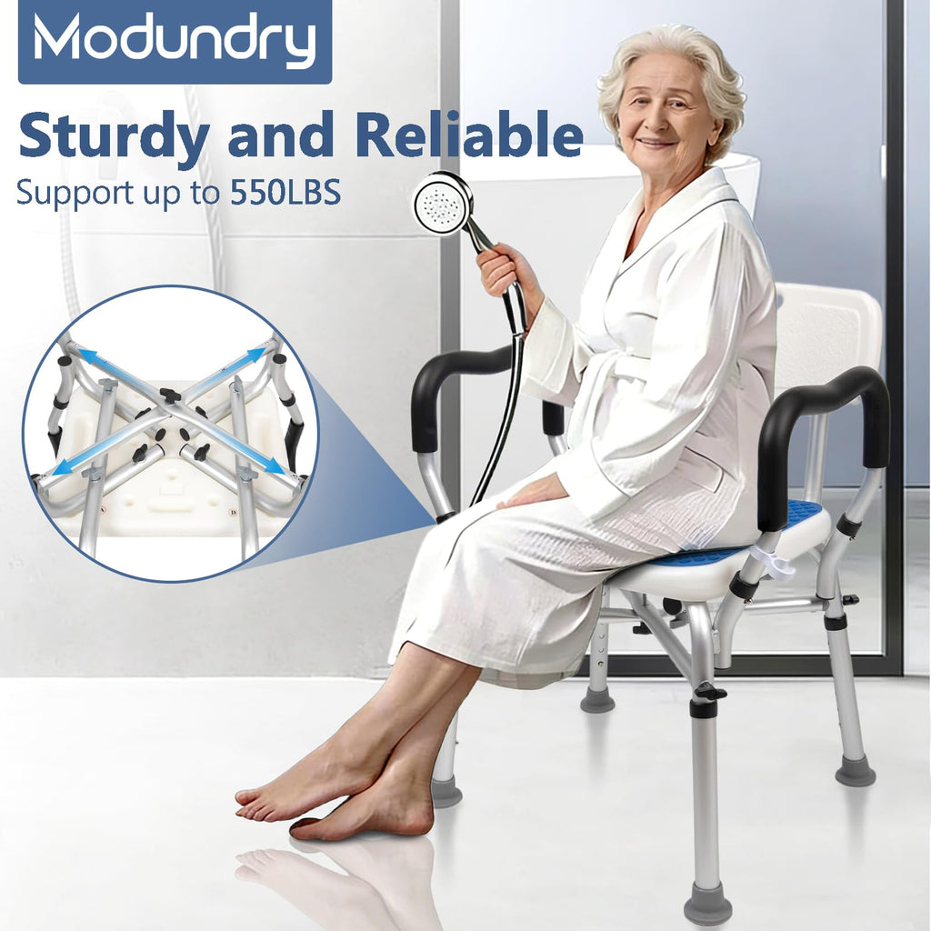 Upgrade Shower Chair for Elderly and Disabled: Non-Slip Silicon Pad Bariatric Shower Seat with Arms & Back, Height Adjust & Reinforced Crossbars, 500lbs Heavy Duty Shower Chair for Inside Shower