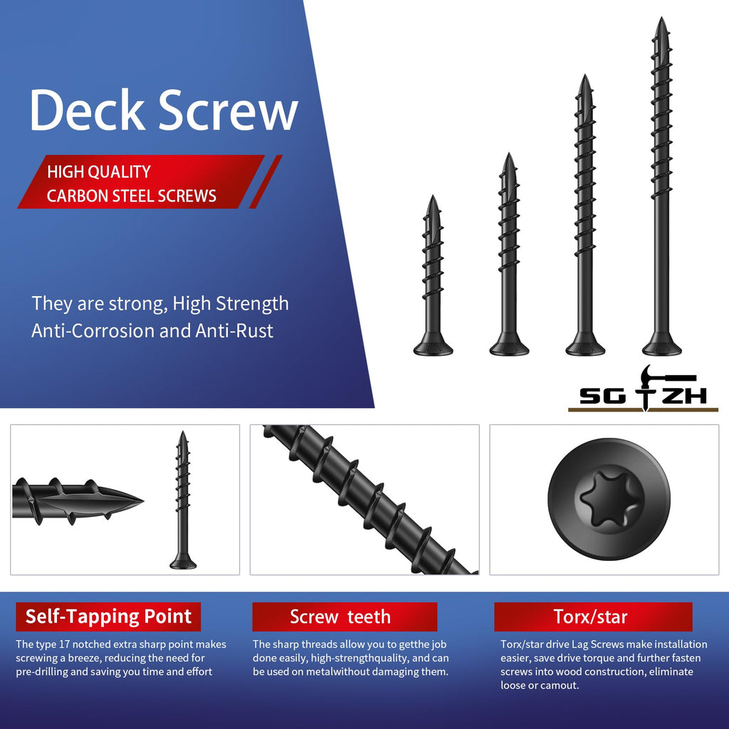 SG TZH #10 x 2-1/2" Deck Screws (316Pcs) 4lb. Exterior Wood Screws. Carbon Steel, Black, Flat Head, Rust Resistant epoxy Coated, with T25 Star Bit