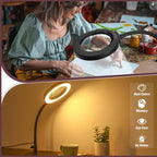 Krstlv 10X Magnifying Glass with Light and Stand, 5 Color Modes Stepless Dimmable LED Lighted Desk Lamp, Hands Free Magnifier with Flexible Goose-Neck for Craft Hobby Painting Sewing Close Work