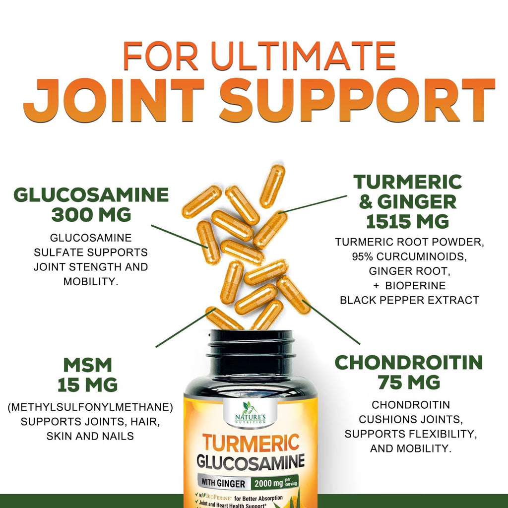 Turmeric Curcumin Supplement 2000mg - 95% Curcuminoids with Glucosamine, Ginger & MSM, BioPerine Black Pepper for Best Absorption, Nature's Vegan Joint Support, Non-GMO, Bottled in USA - 240 Capsules