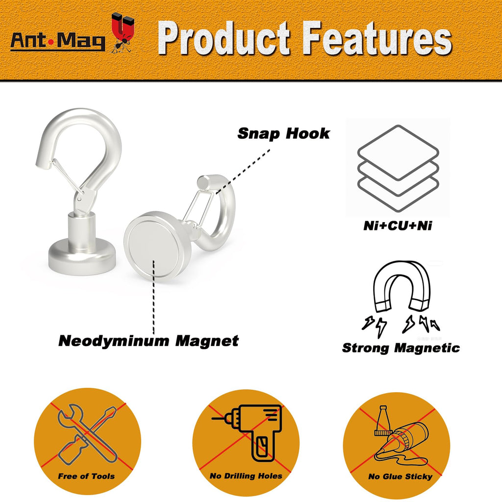 Ant Mag Magnetic Hooks Heavy Duty with Snap 22lbs Strong Magnet Hooks Great Hanging for Refrigerator, Cruise Cabin, Grill, Wreath,Kitchen,Office 20 Pack