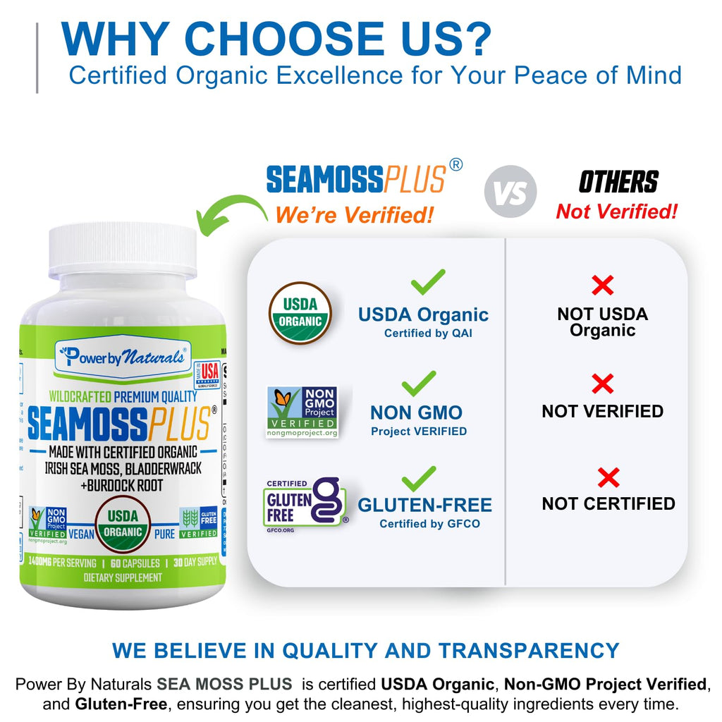 Power By Naturals SeaMoss Plus - USDA Organic Irish Sea Moss Capsules w/Wild Harvested Irish Seamoss, Bladderwrack & Burdock Root Immunity Supplement Sea Moss Pills for Adult 60Ct - 1 Pack