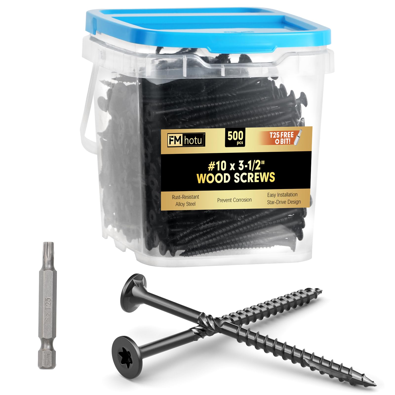 #10 x 3-1/2” Deck Screws, 500Pcs Star Drive Wood Screws, Rust Resistant Timber Screws for Timber/Log/Landscaping Wood, T25 Star Bit Included, Black