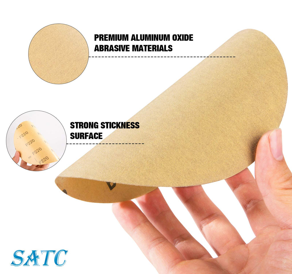 S SATC 100 PCS PSA Sanding Discs 6 Inch Adhesive Backed Sandpaper 220 Grit Sander Attachment for Drill Self Stick Aluminum Oxide Round Automotive Sandpaper with Sticky Back