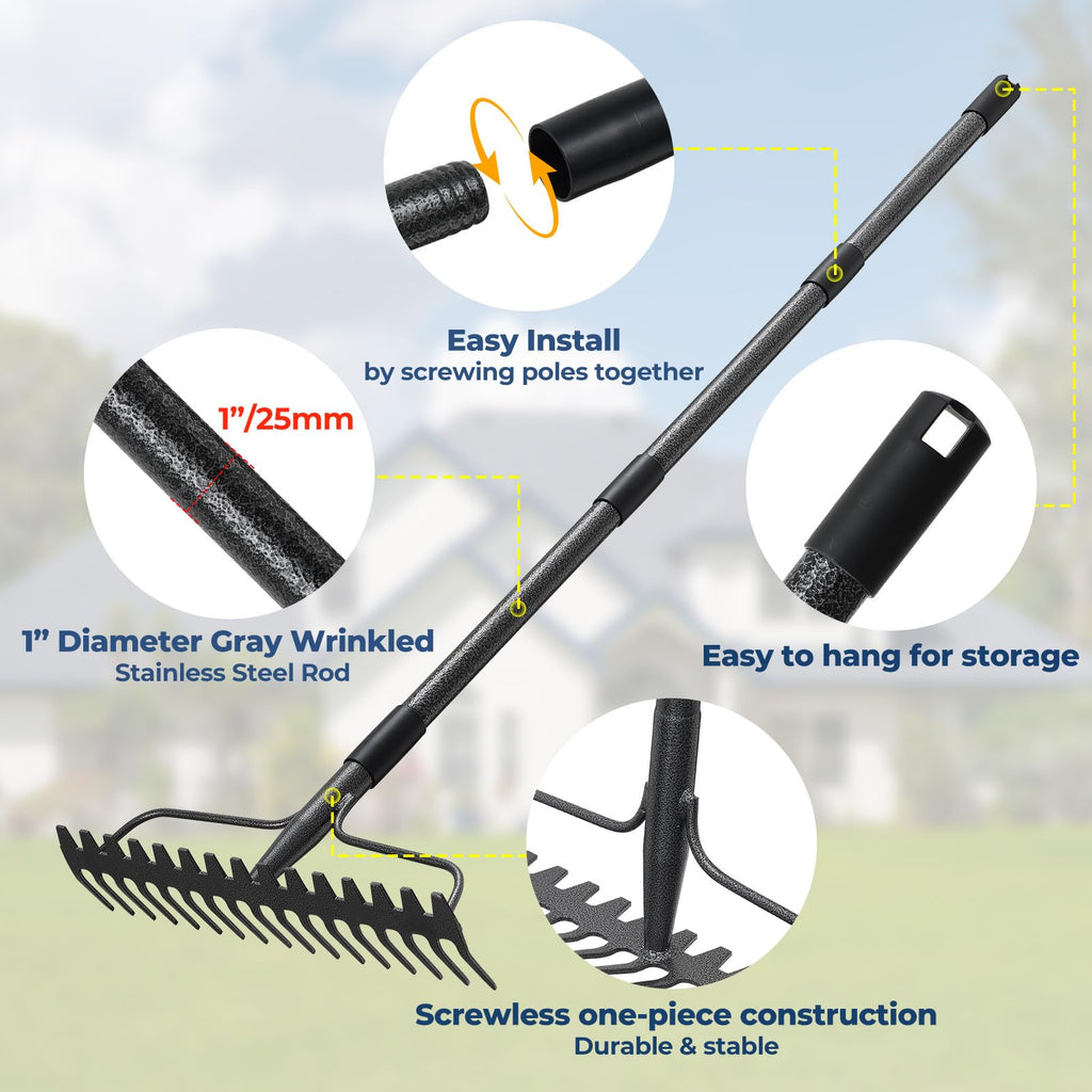 49“-77” Adjustable Rake, 17" Extra Wide Double-Sided Lightweight Head Garden Rake | Lightweight & Unbreakable | Level Soil, Remove Leaves, Spread Mulch Fast, Leaf Cleanup, Landscaping, Yard Cleanup