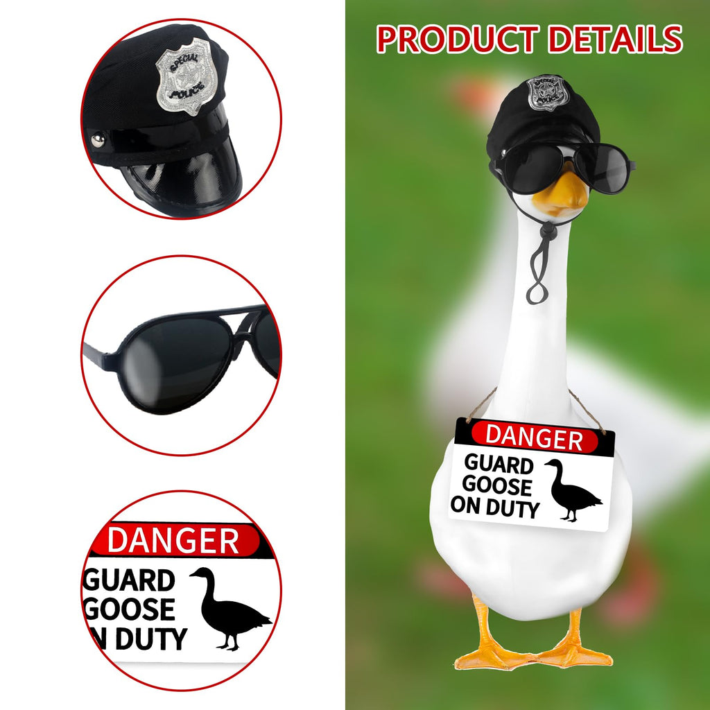 CAMDUCK 3 Pcs Porch Goose Accessories Porch Goose Sign Goose Police Hat Eyeglasses Wooden Gooses Warning Sign Danger Guard Geese on Duty Warning Sign Geese Outfits Decor for Yard Porch Lawn