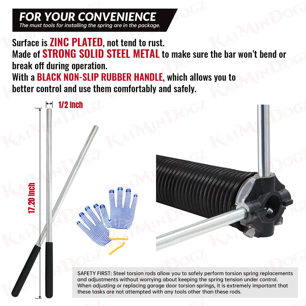 KaiMinDogz Pair of 2" Garage Door Torsion Springs Set with Non-Slip Winding Bar & Gloves,High Precision Electrophoresis Black Coated, for Replacement & Installation, MIN 16,000 Cycles (0.243x2''x35'')
