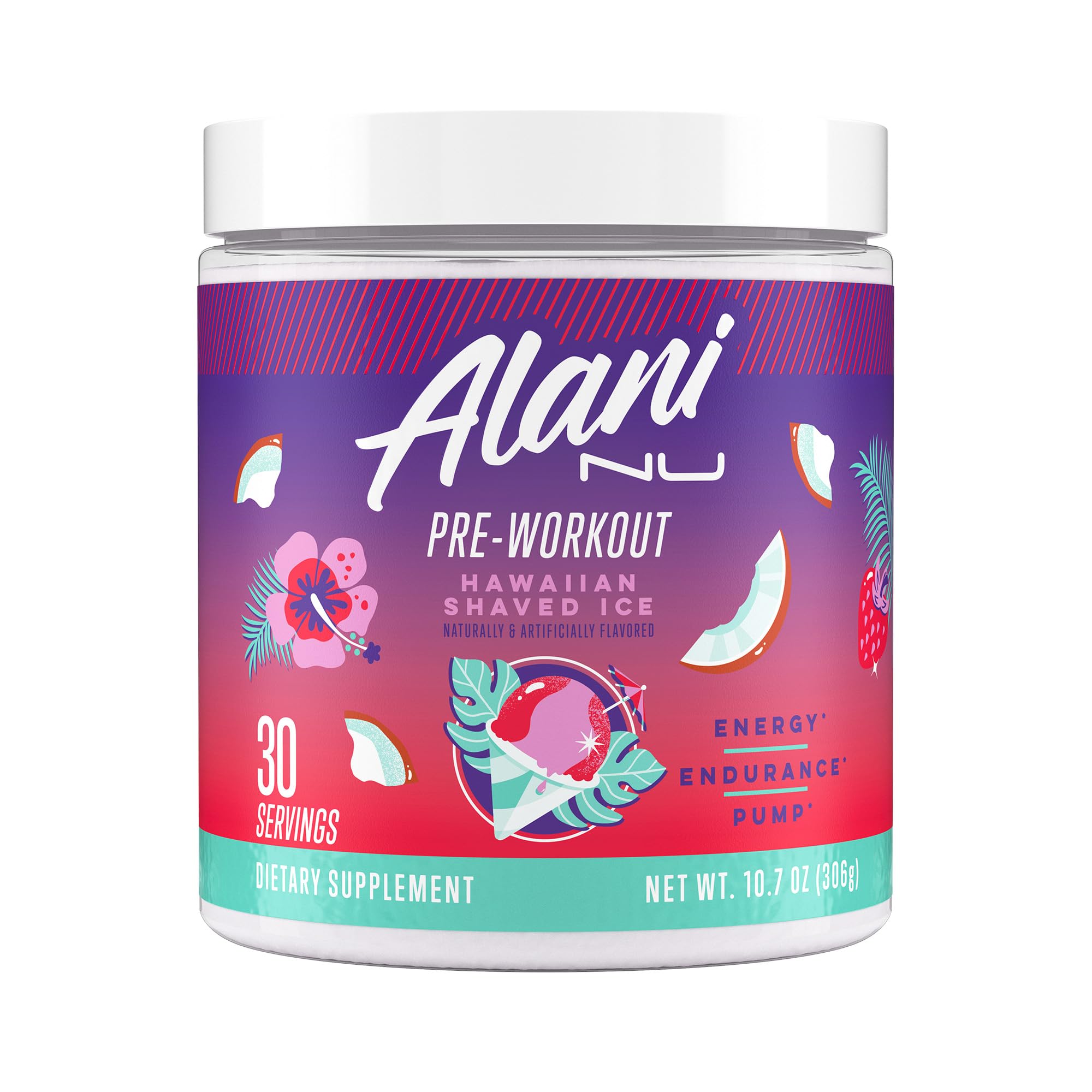 Alani Nu Pre Workout Powder Hawaiian Shaved ICE, Amino Energy Boost, Endurance Supplement, Sugar Free, 200mg Caffeine, L-Theanine, Beta-Alanine, L-Citrulline, 30 Servings